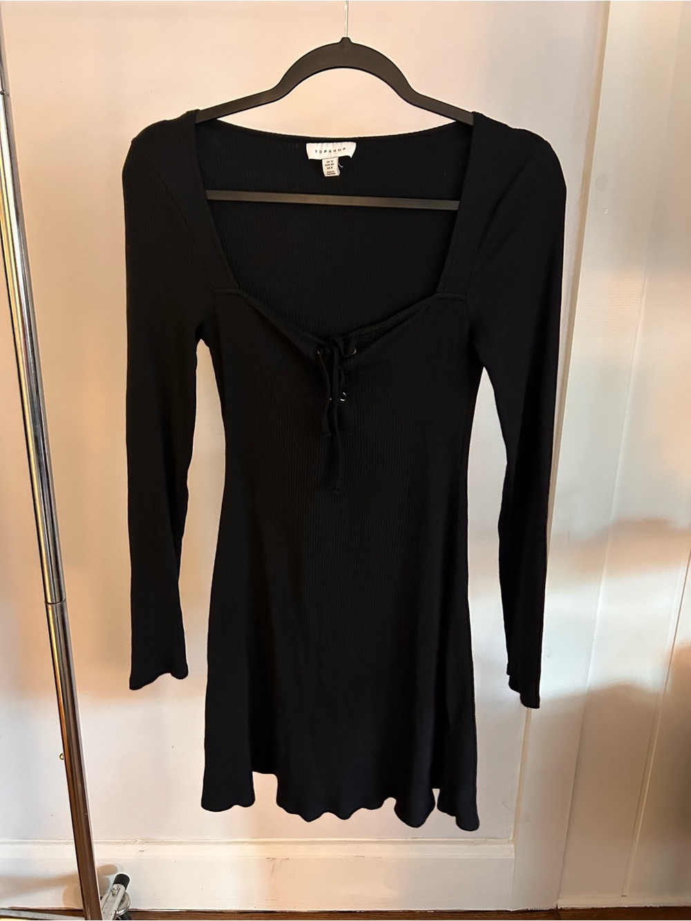 Topshop Black Ribbed Lace-Up Long Sleeve Mini Dress
